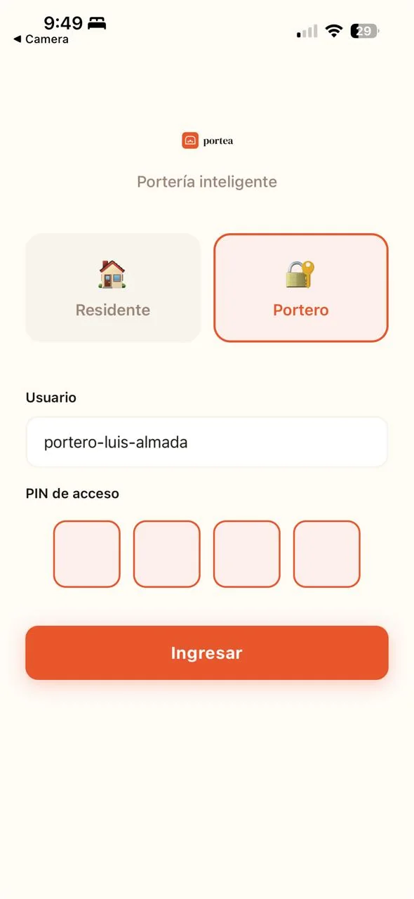 App móvil portero Portea - login y registro de visitantes