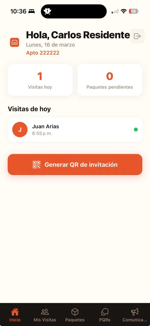 App móvil residente Portea - home con reservas y notificaciones