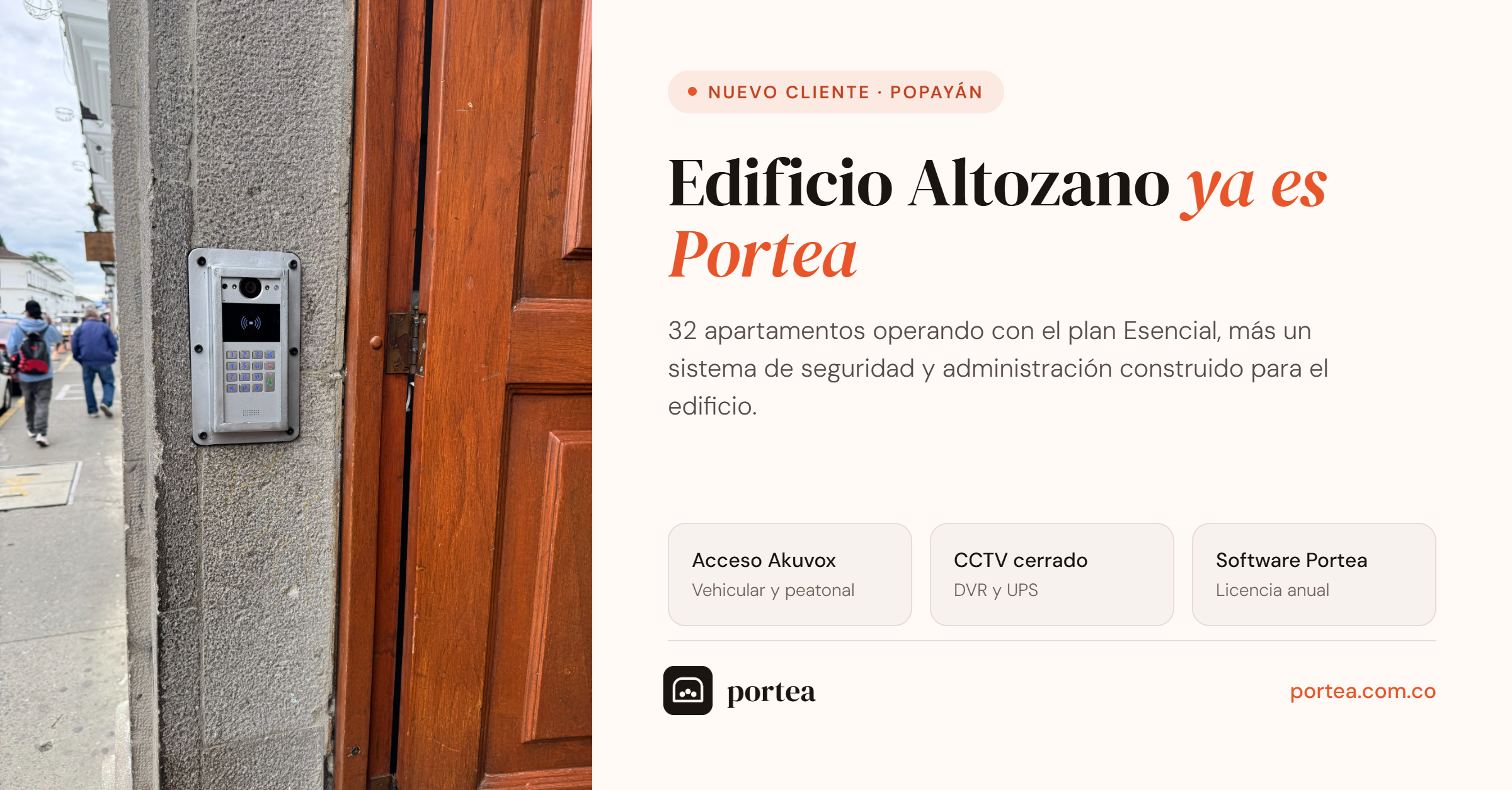 Anuncio de portea: el Edificio Altozano en Popayán, con 32 apartamentos y control de acceso Akuvox instalado en la entrada