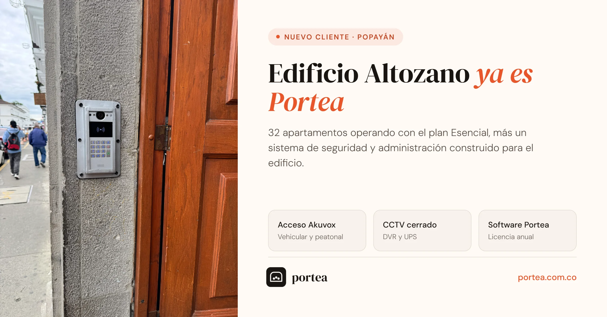 Anuncio de portea: el Edificio Altozano en Popayán, con 32 apartamentos y control de acceso Akuvox instalado en la entrada