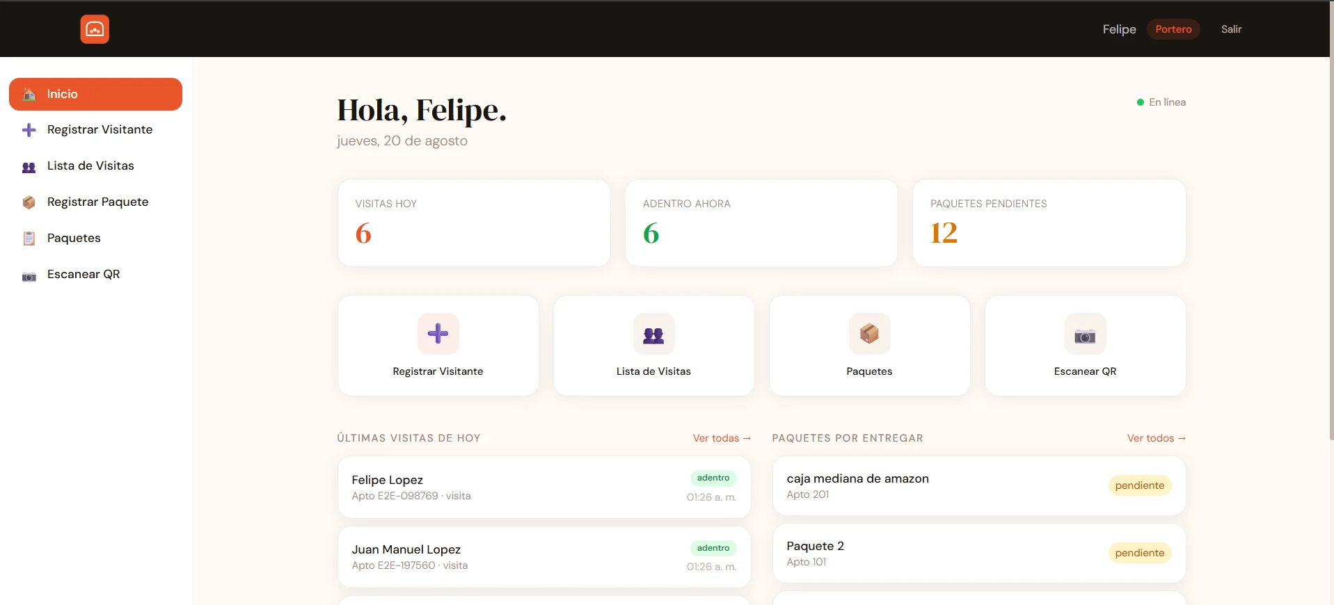 Dashboard del portero en portea: panel principal con accesos rápidos