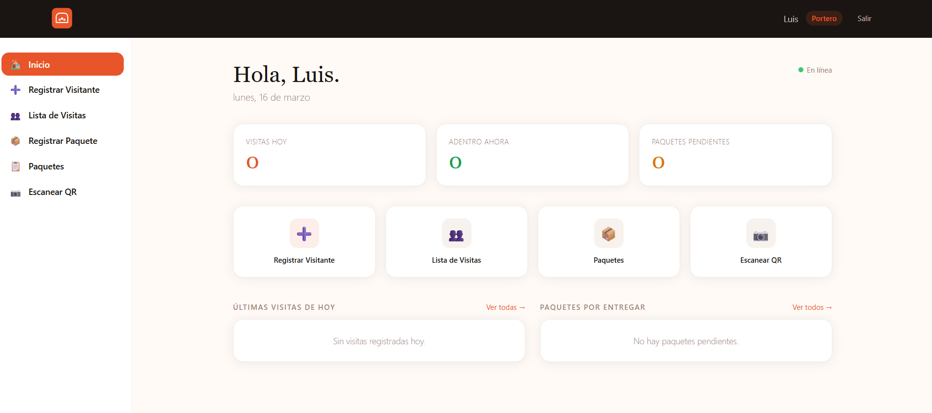 Dashboard del portero en portea: panel principal con accesos rápidos
