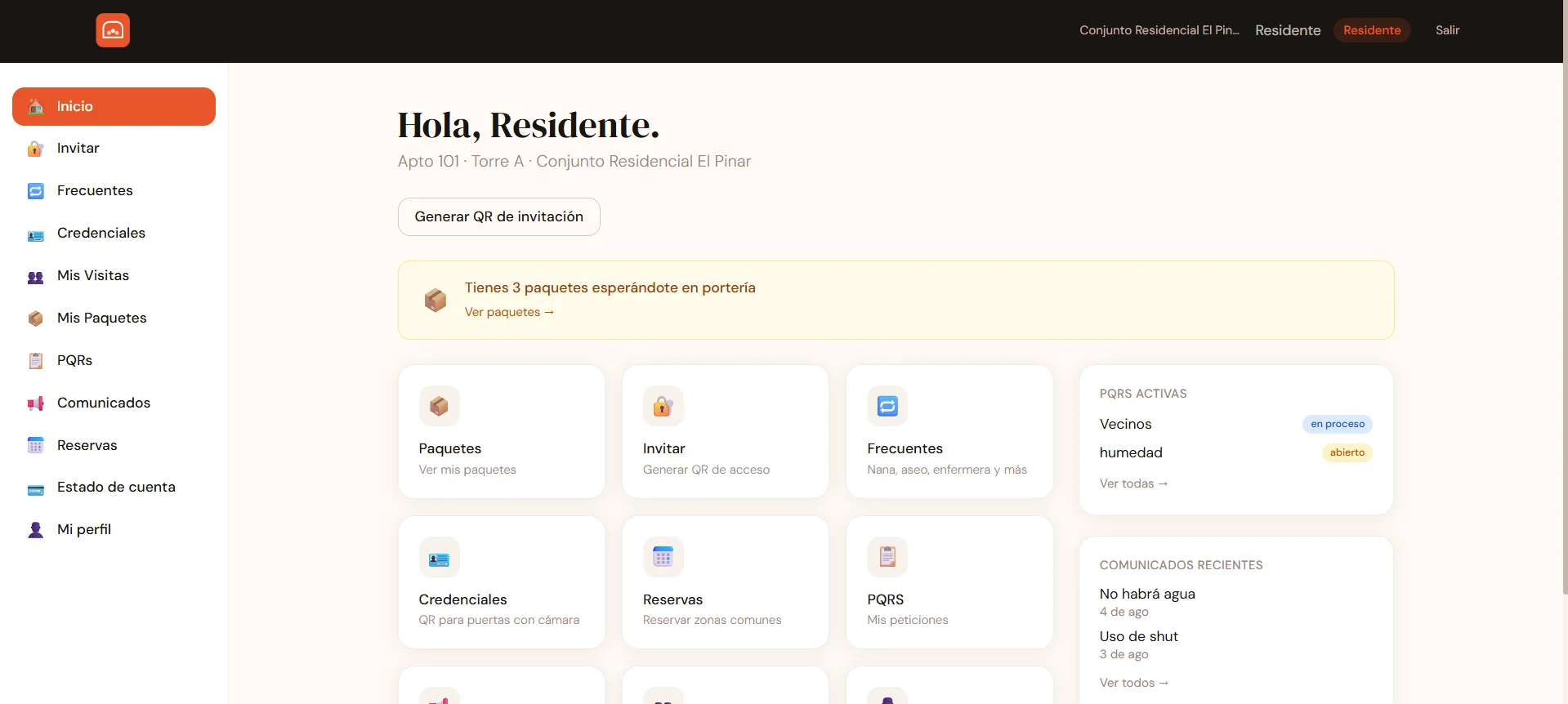 Panel del residente en portea con aviso de 3 paquetes en portería, generación de QR de invitación, PQRs activas y los comunicados recientes del conjunto
